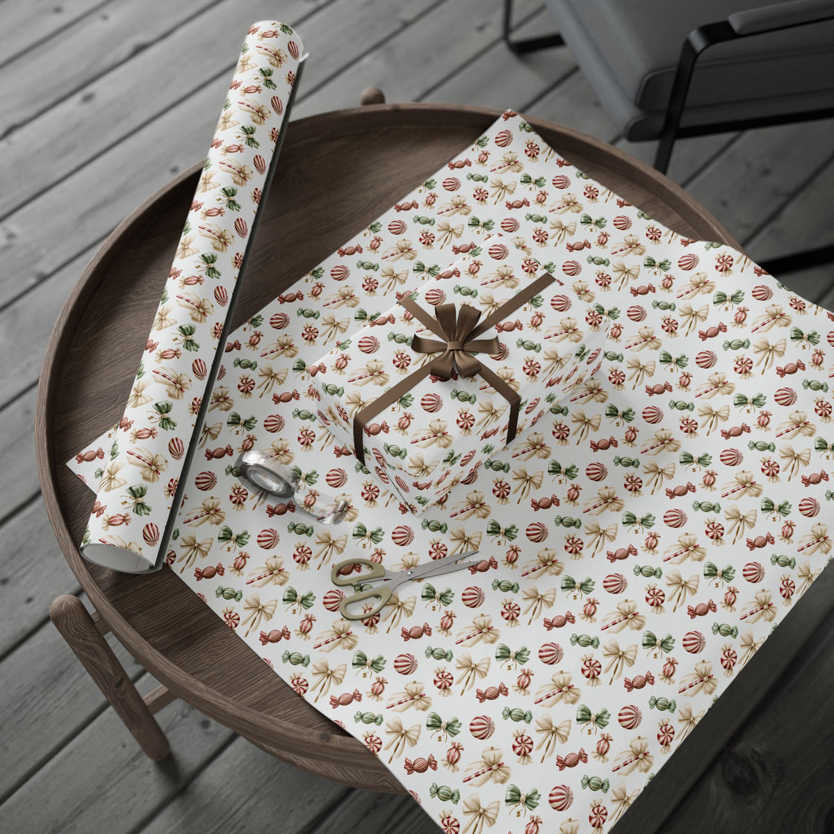 Watercolor Christmas Candy Wrapping Paper, White Coquette Bow Gift Wrap Roll, Peppermint Sweets Holiday Wrap, Matte Paper, Free Shipping