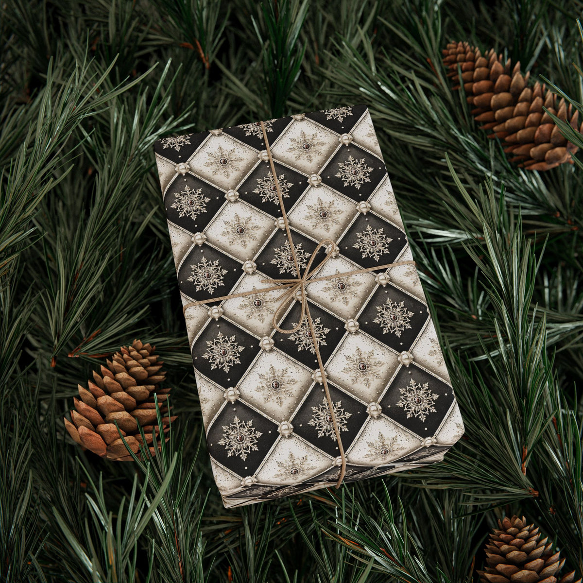 Tufted Snowflake Christmas Wrapping Paper, Black Cream Harlequin Gift Wrap Roll, Elegant Pearl Holiday Paper