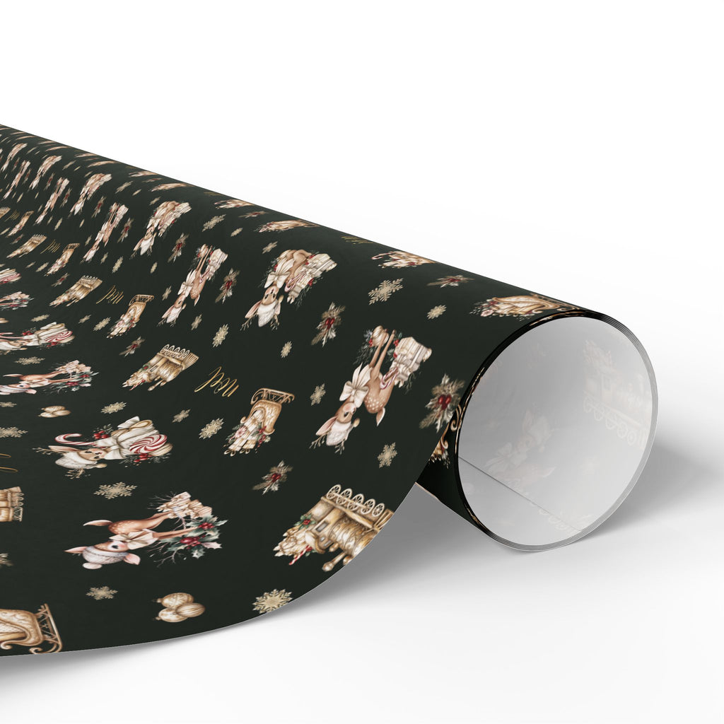 Vintage Deer Christmas Wrapping Paper, Evergreen and Gold Retro Gift Wrap Roll, Noel Fawn Sleigh Holiday Paper