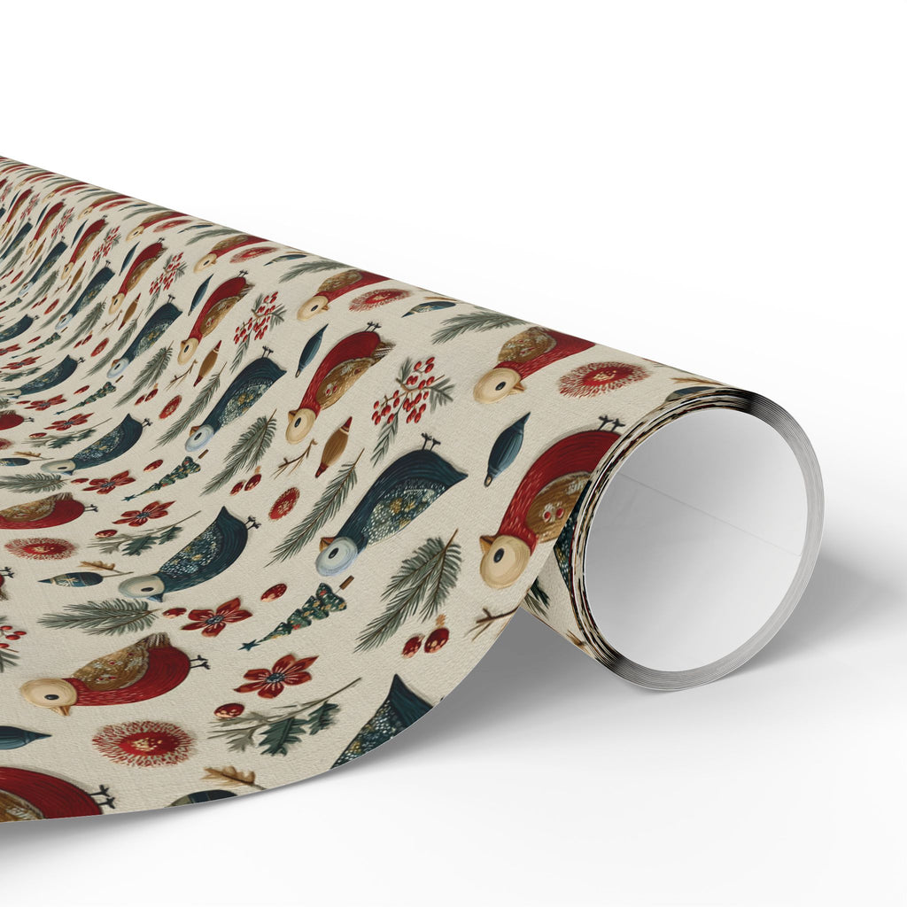 Folk Art Christmas Bird Wrapping Paper, Scandinavian Robin Gift Wrap Roll, Red Blue Cream Holiday Paper, Matte