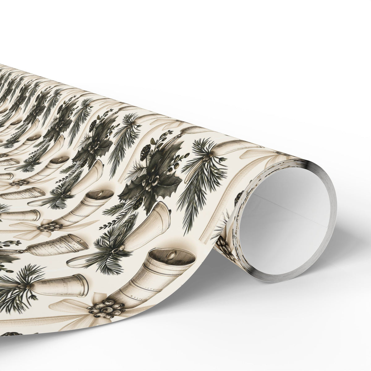Vintage Christmas Bells Wrapping Paper, Cream Sage Green Botanical Gift Wrap Roll, Antique Holly Pine Holiday Wrap, Matte Paper, Free Shipping