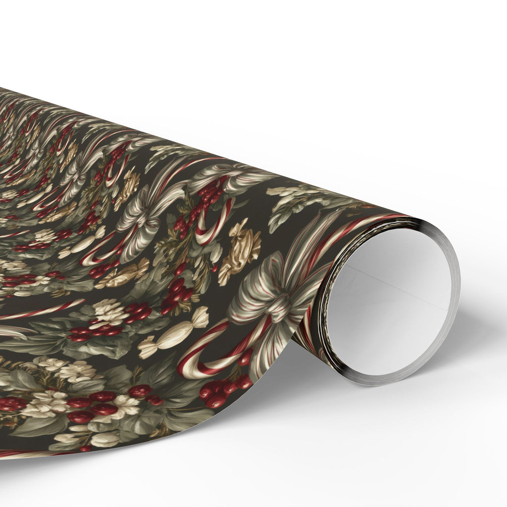 Dark Moody Christmas Wrapping Paper, Olive Green Vintage Gift Wrap Roll, Candy Cane Ribbon Bow Holiday Wrap, Matte Paper, Free Shipping