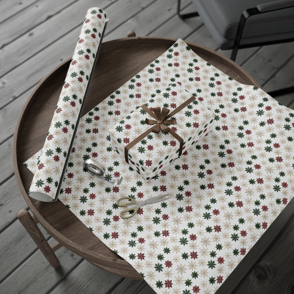 Watercolor Snowflake Christmas Wrapping Paper, Red Green Gold Gift Wrap Roll, Classic White Holiday Paper, Matte