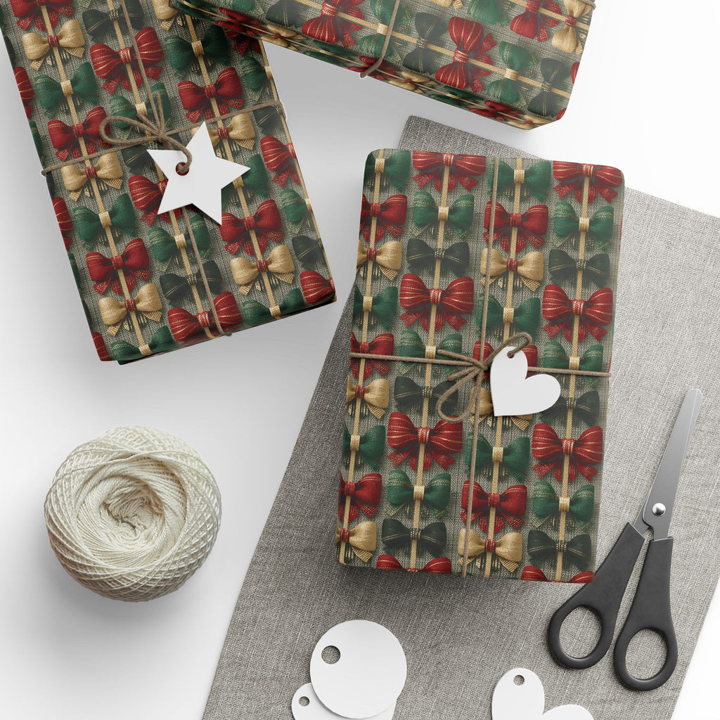 Rustic Ribbon Bow Christmas Wrapping Paper, Red Green Burlap Gift Wrap Roll, Textured Linen Holiday Paper, Matte