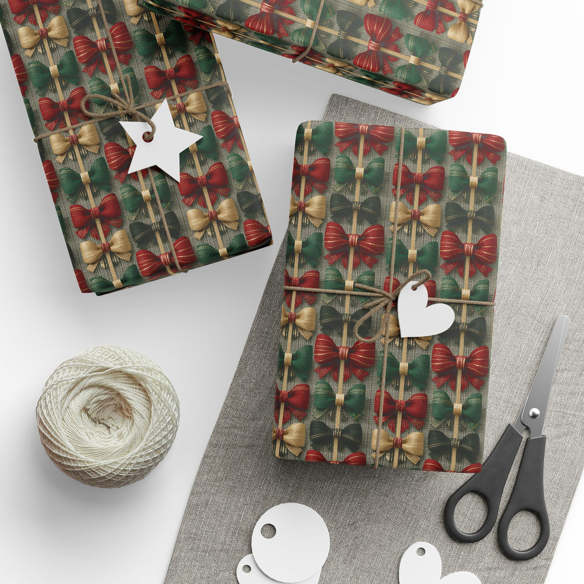 Rustic Ribbon Bow Christmas Wrapping Paper, Red Green Burlap Gift Wrap Roll, Textured Linen Holiday Paper, Matte