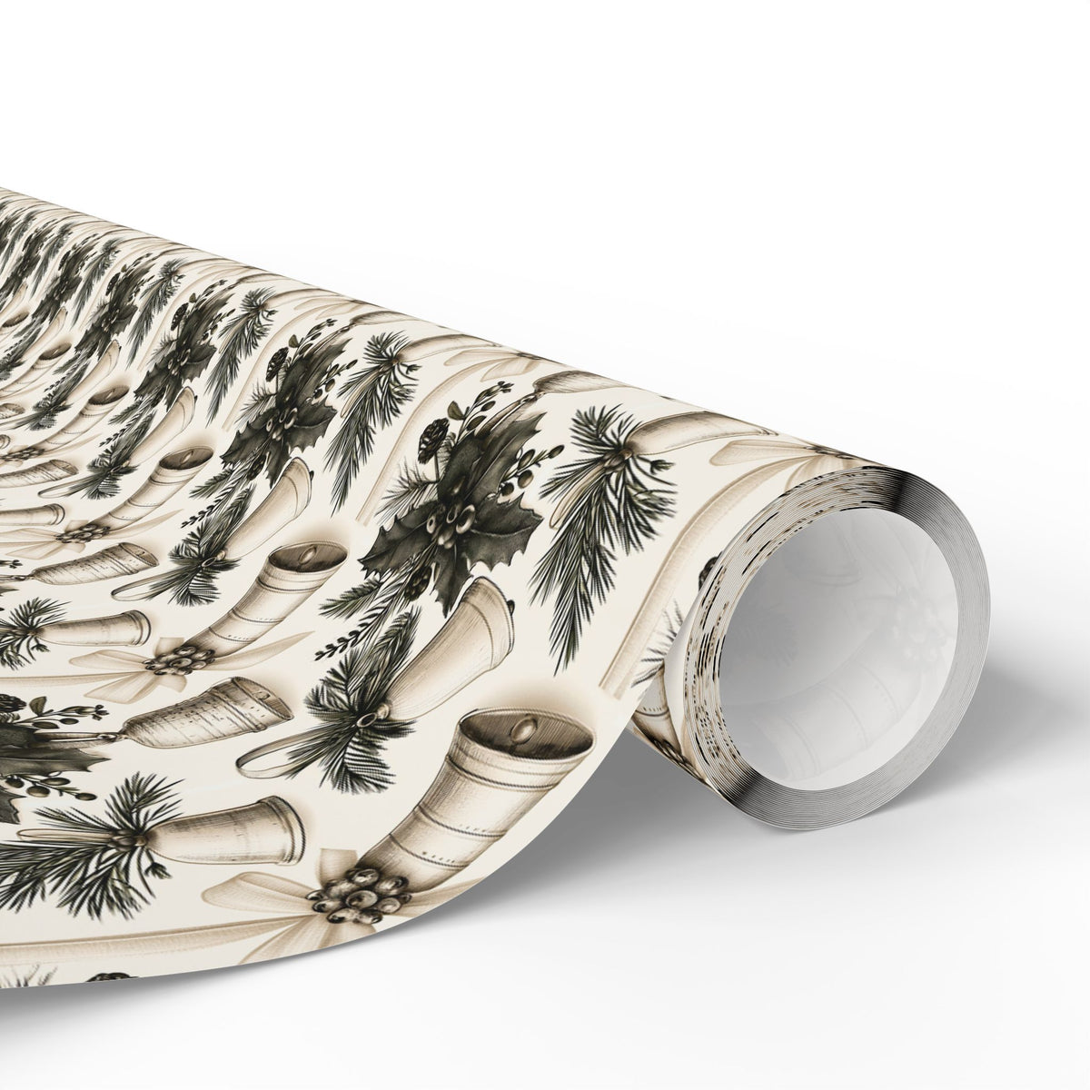 Vintage Christmas Bells Wrapping Paper, Cream Sage Green Botanical Gift Wrap Roll, Antique Holly Pine Holiday Wrap, Matte Paper, Free Shipping