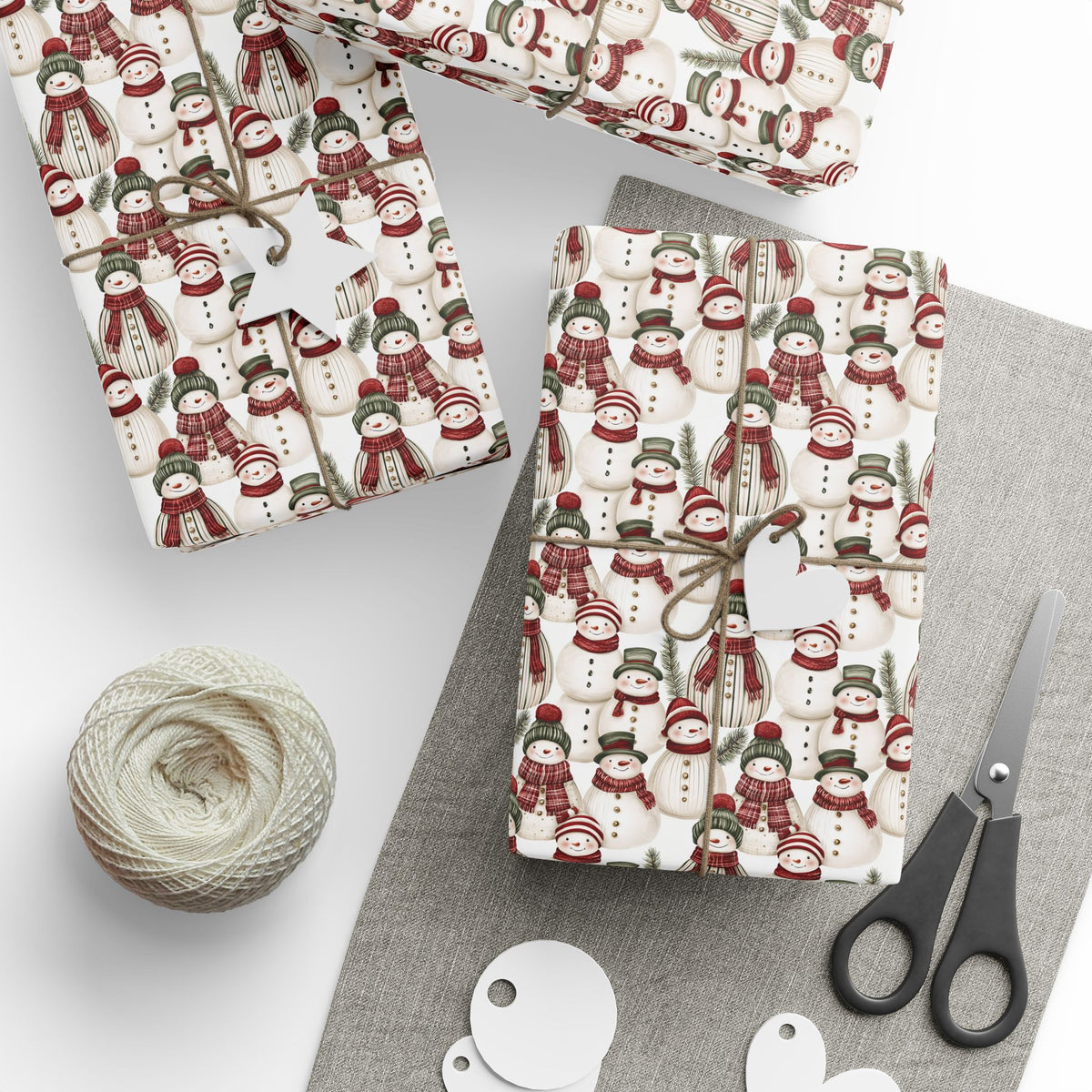 Cozy Snowman Christmas Wrapping Paper, Red Green Knit Scarf Gift Wrap Roll, Watercolor Holiday Paper, Matte