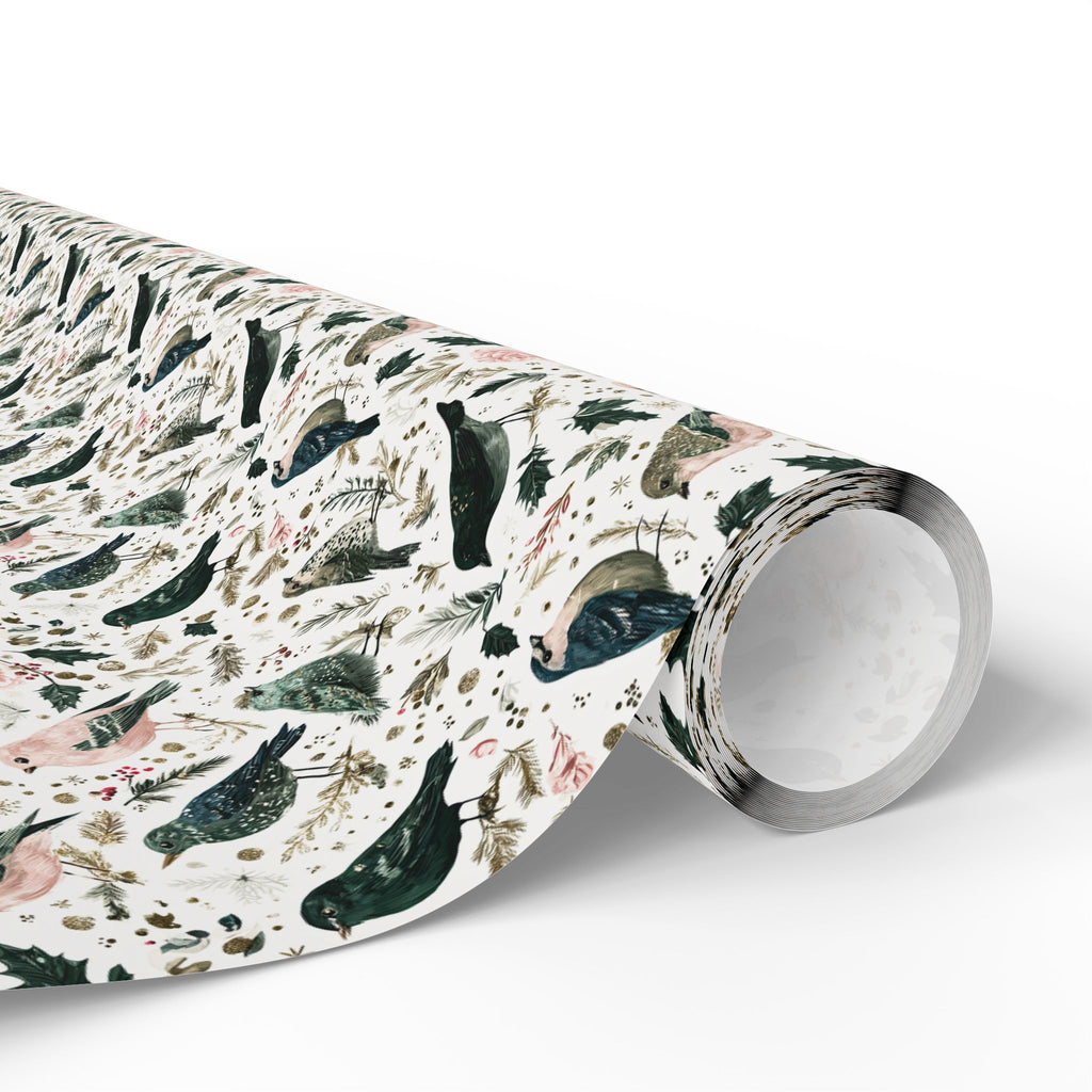 Watercolor Winter Bird Wrapping Paper, Pink Green Gold Botanical Gift Wrap Roll, Elegant Holiday Paper, Matte
