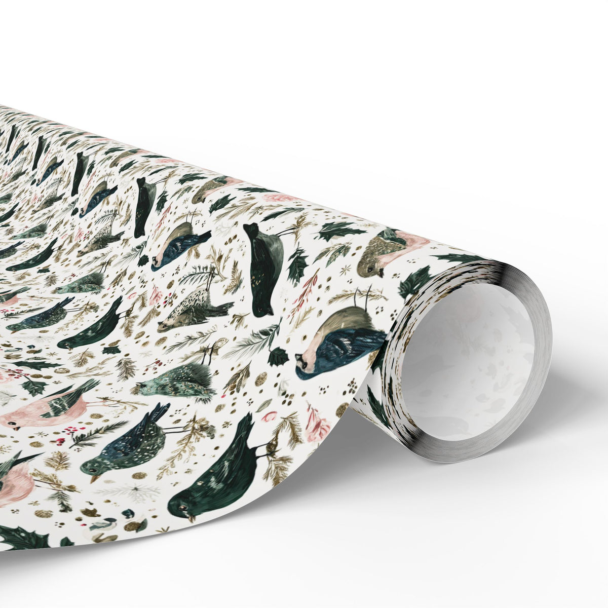 Watercolor Winter Bird Wrapping Paper, Pink Green Gold Botanical Gift Wrap Roll, Elegant Holiday Paper, Matte