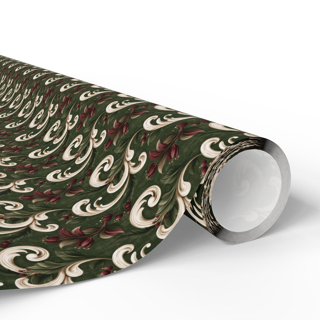 Green and Cream Damask Wrapping Paper Roll, Vintage Scroll and Berry Christmas Gift Wrap, Burgundy Floral Baroque Holiday Paper, Elegant Christmas Wrap