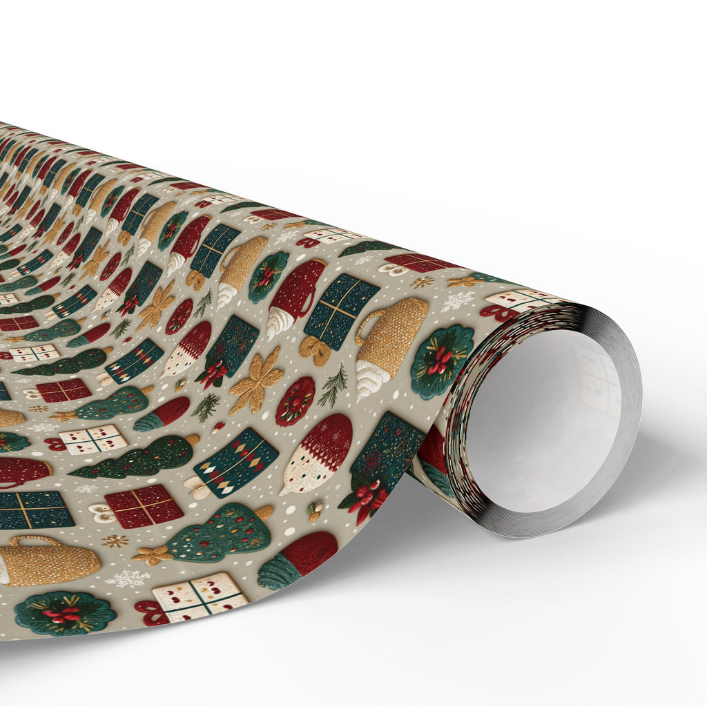 Embroidered Look Christmas Wrapping Paper, Folk Art Cookie Cocoa Gift Wrap Roll, Vintage Red Green Tan Holiday Wrap, Matte Paper, Free Shipping
