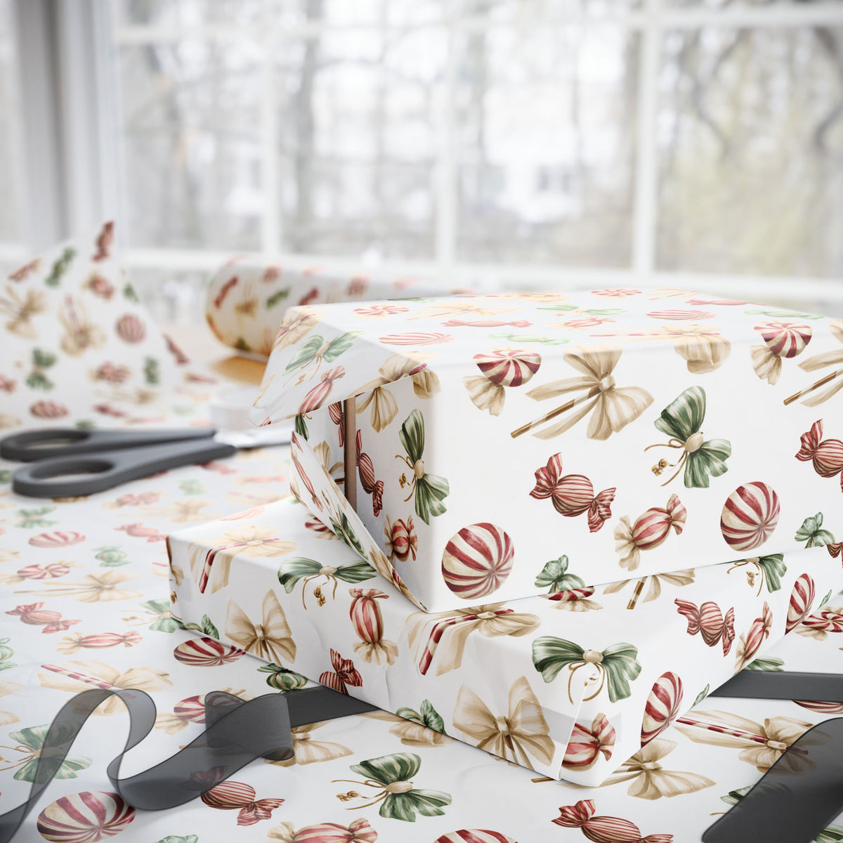 Watercolor Christmas Candy Wrapping Paper, White Coquette Bow Gift Wrap Roll, Peppermint Sweets Holiday Wrap, Matte Paper, Free Shipping