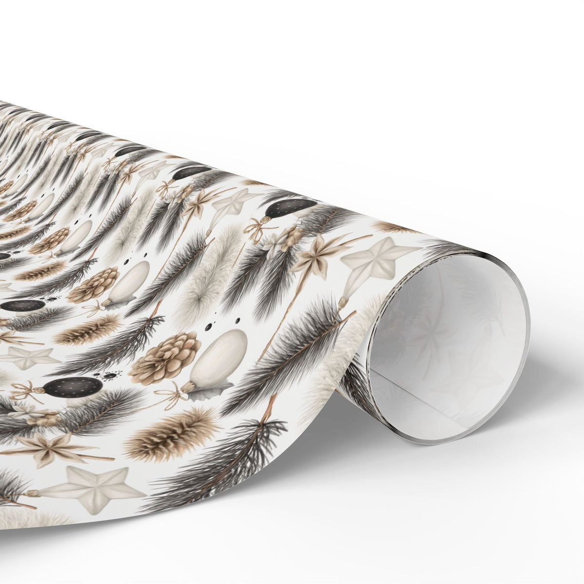 Neutral Christmas Wrapping Paper, Pinecone Pine Branch Gift Wrap Roll, Beige Black White Woodland Winter Holiday Wrap, Matte Paper, Free Shipping