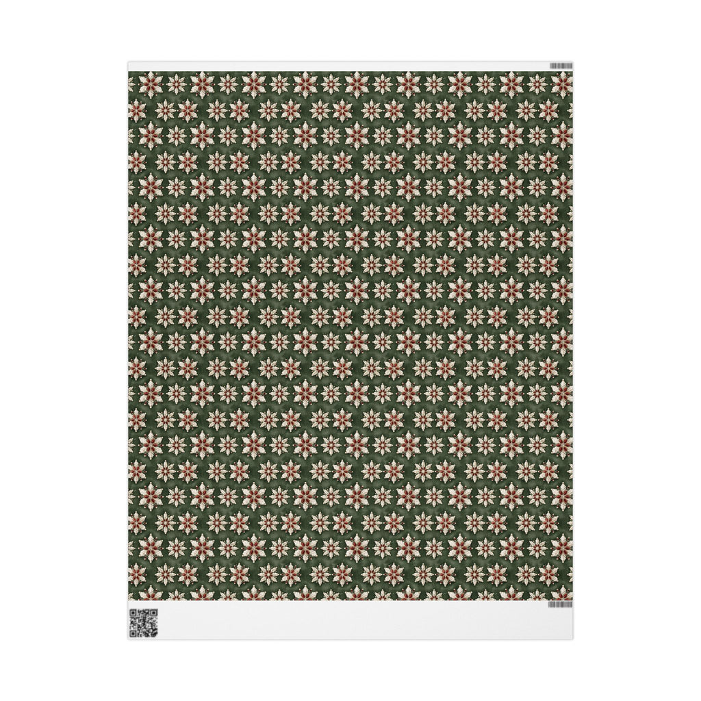 Jeweled Snowflake Christmas Wrapping Paper, Forest Green Gift Wrap Roll, Ruby Pearl Vintage Brooch Holiday Paper