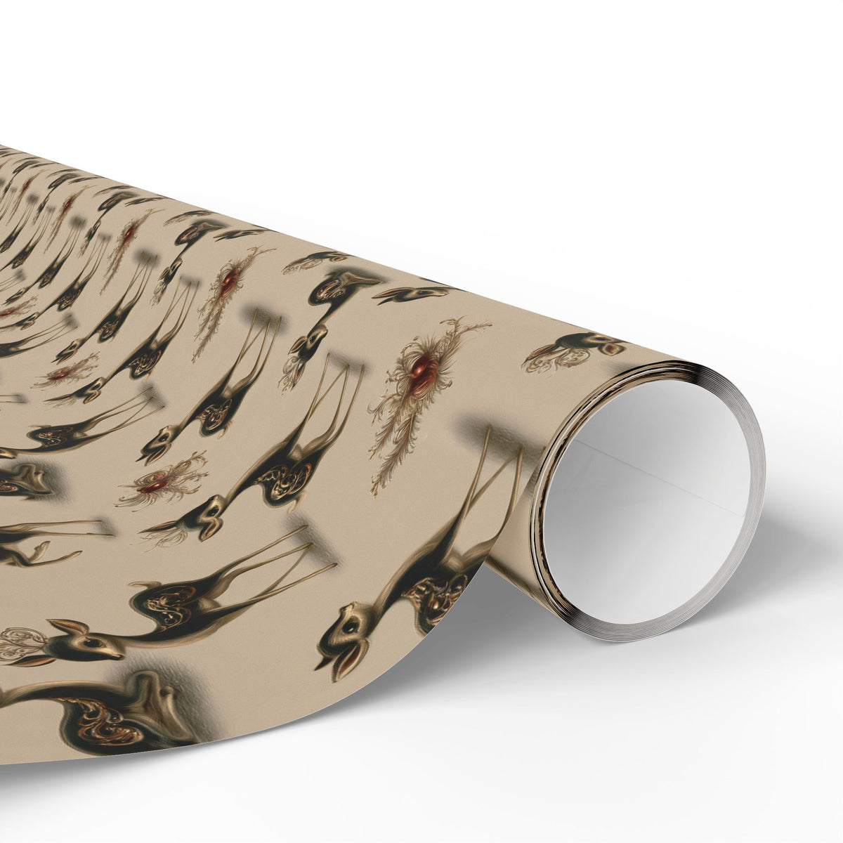 Retro Kitsch Fawn Christmas Wrapping Paper, Vintage Deer Gift Wrap Roll, Cream and Charcoal Holiday Paper, Matte