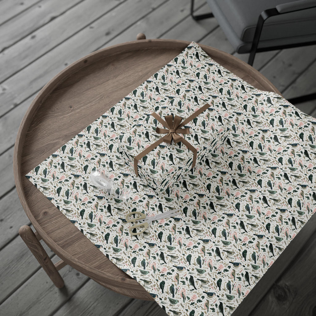 Watercolor Winter Bird Wrapping Paper, Pink Green Gold Botanical Gift Wrap Roll, Elegant Holiday Paper, Matte