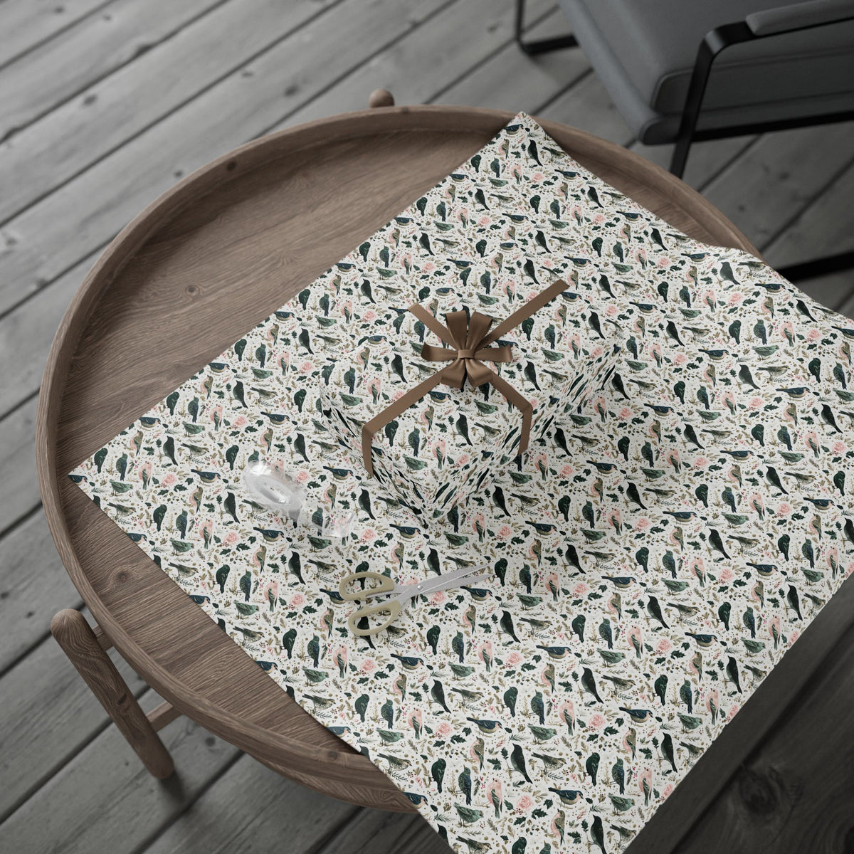 Watercolor Winter Bird Wrapping Paper, Pink Green Gold Botanical Gift Wrap Roll, Elegant Holiday Paper, Matte