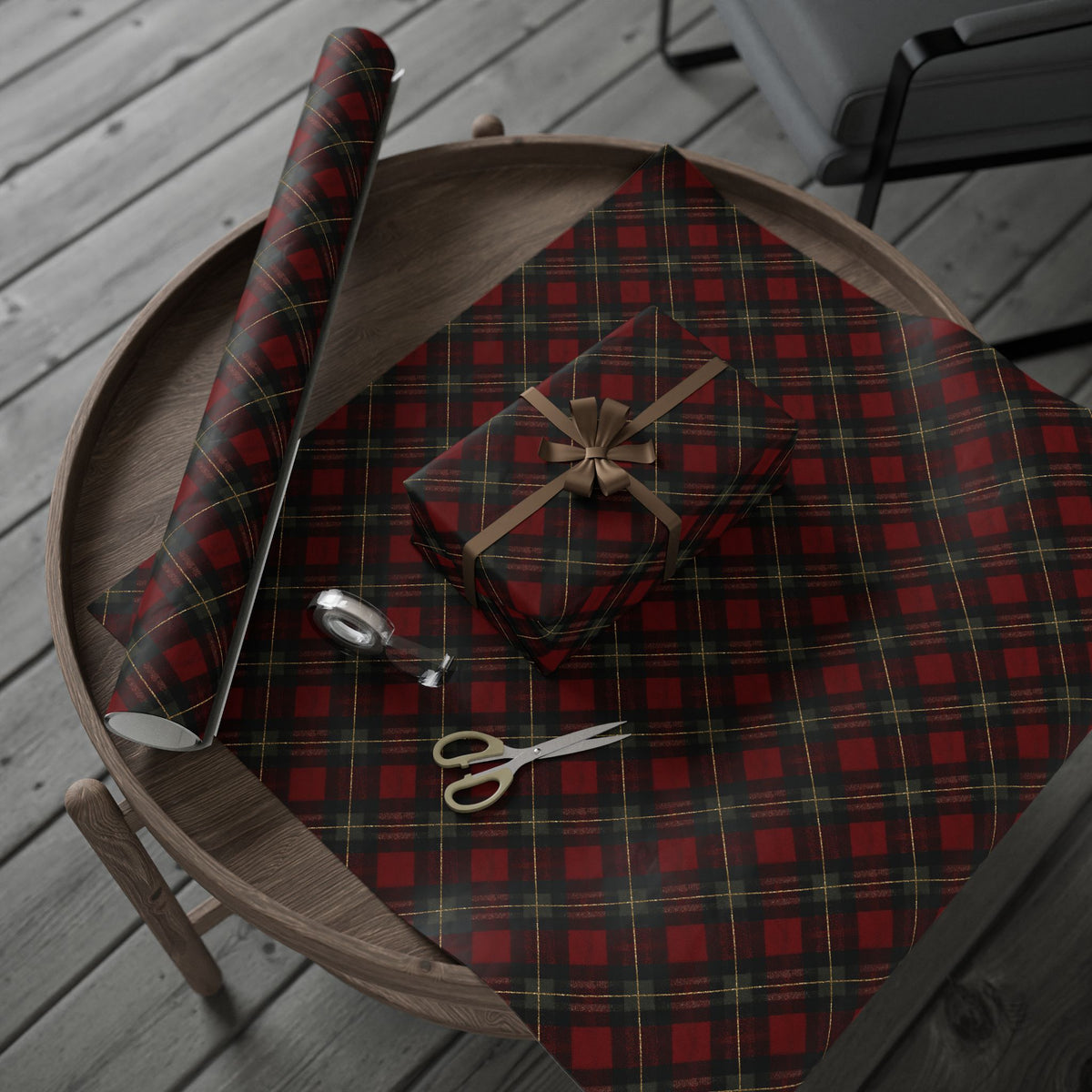 Red Black Tartan Christmas Wrapping Paper, Gold Metallic Plaid Gift Wrap Roll, Dark Moody Scottish Holiday Wrap, Matte Paper, Free Shipping
