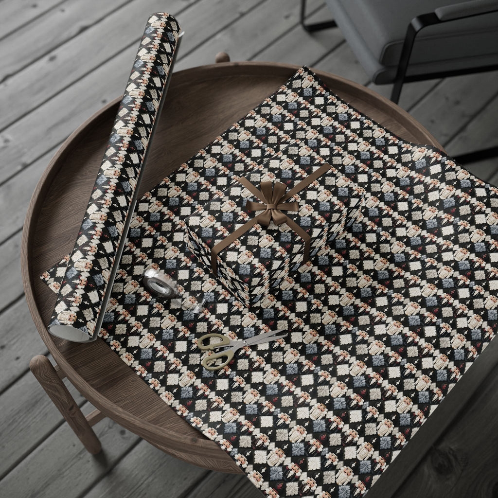 Dark Nutcracker Christmas Wrapping Paper, Black Cream Harlequin Diamond Gift Wrap Roll, Moody Toy Soldier Holiday Wrap, Matte Paper, Free Shipping