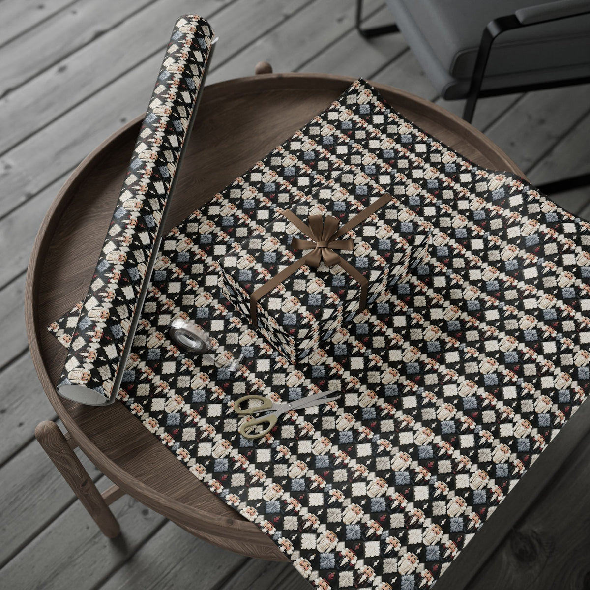 Dark Nutcracker Christmas Wrapping Paper, Black Cream Harlequin Diamond Gift Wrap Roll, Moody Toy Soldier Holiday Wrap, Matte Paper, Free Shipping