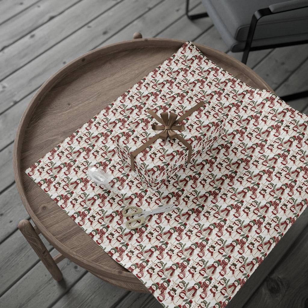 Cozy Snowman Christmas Wrapping Paper, Red Green Knit Scarf Gift Wrap Roll, Watercolor Holiday Paper, Matte