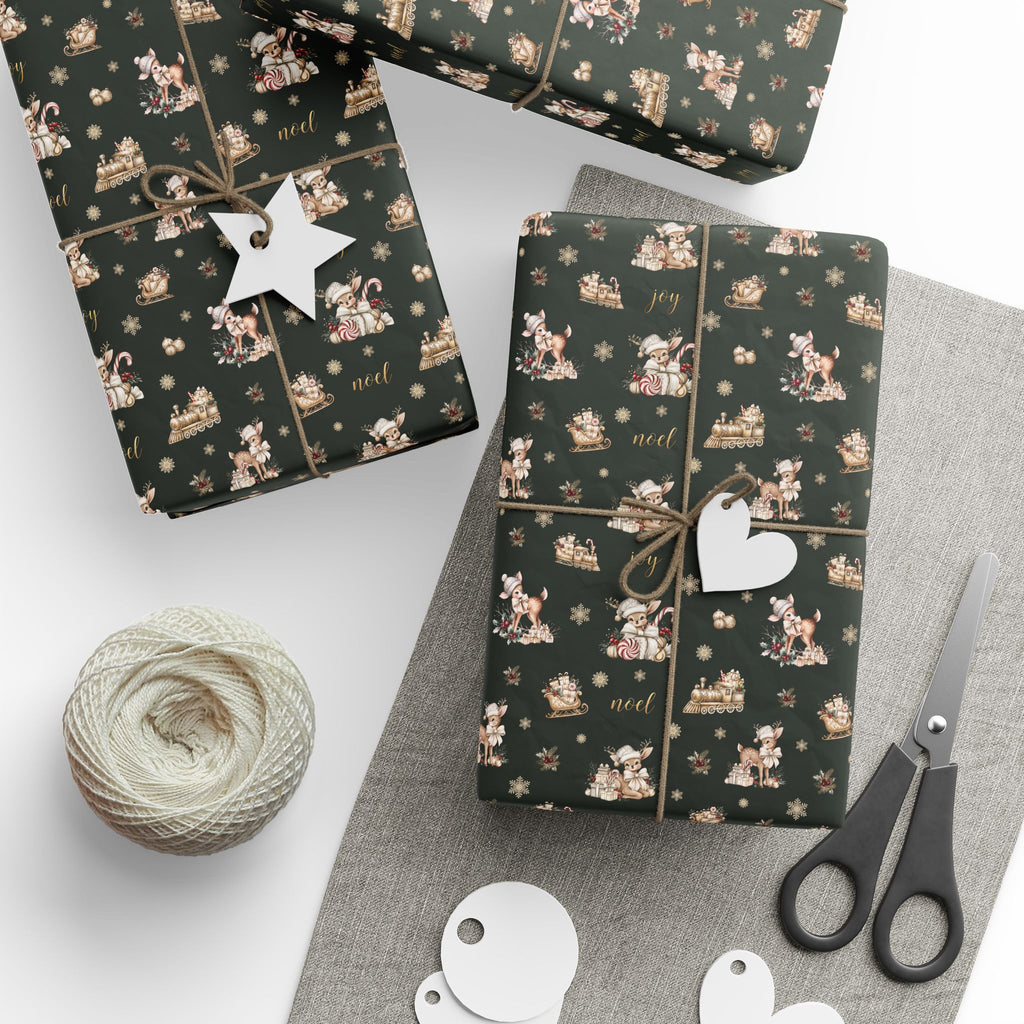 Vintage Deer Christmas Wrapping Paper, Evergreen and Gold Retro Gift Wrap Roll, Noel Fawn Sleigh Holiday Paper