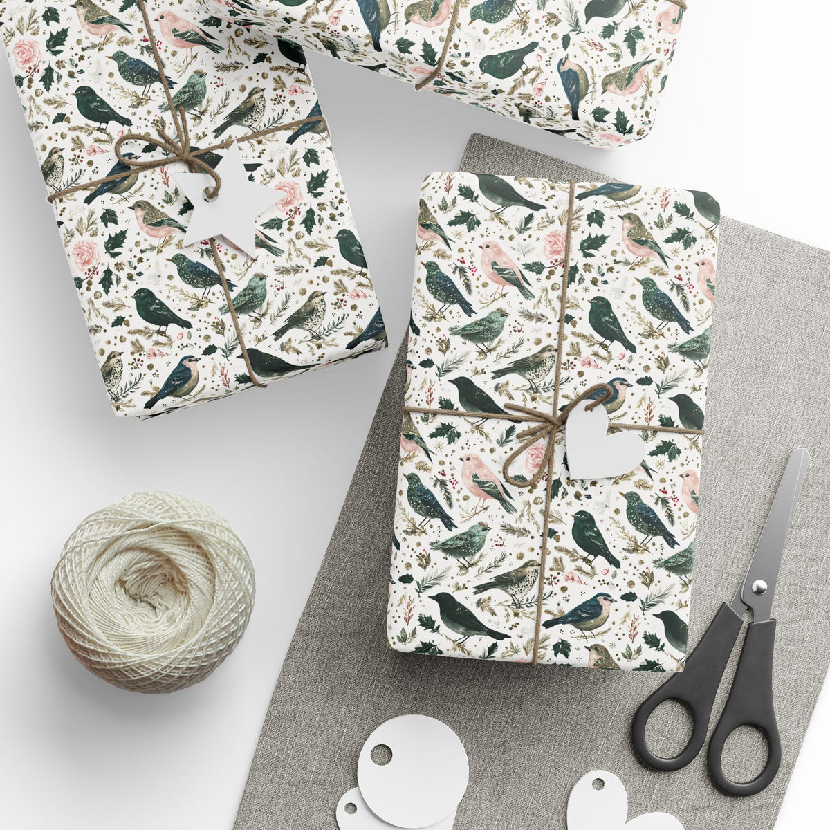 Watercolor Winter Bird Wrapping Paper, Pink Green Gold Botanical Gift Wrap Roll, Elegant Holiday Paper, Matte