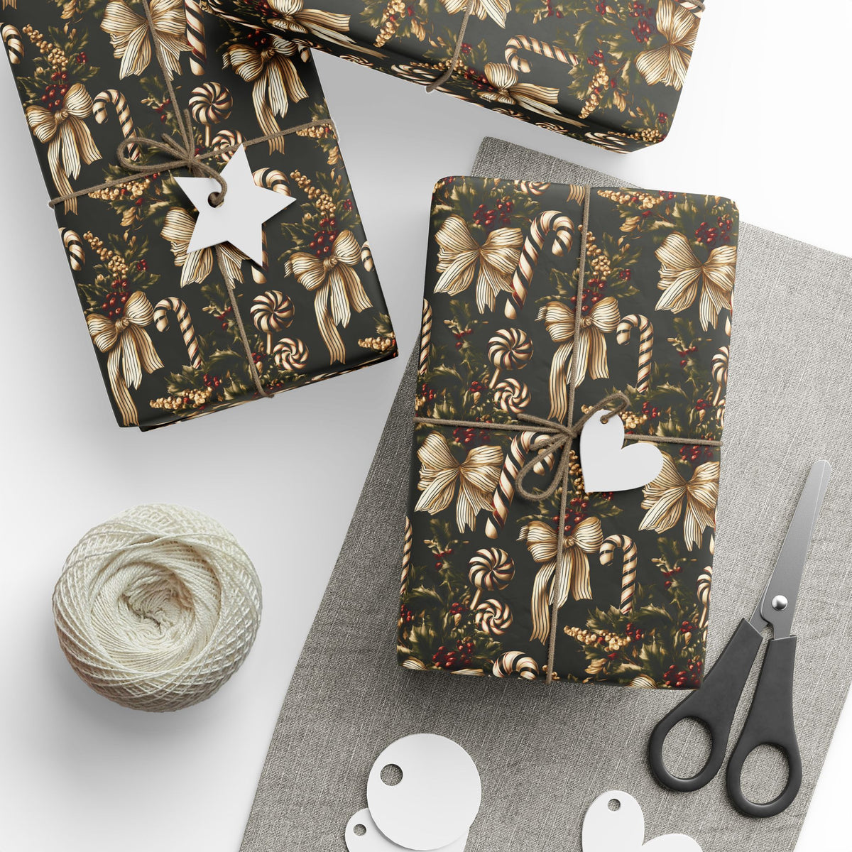 Vintage Christmas Bow and Candy Cane Wrapping Paper Roll, Cream Gold Ribbon Gift Wrap, Dark Green Holly Berry Holiday Paper, Elegant Victorian Christmas Wrap