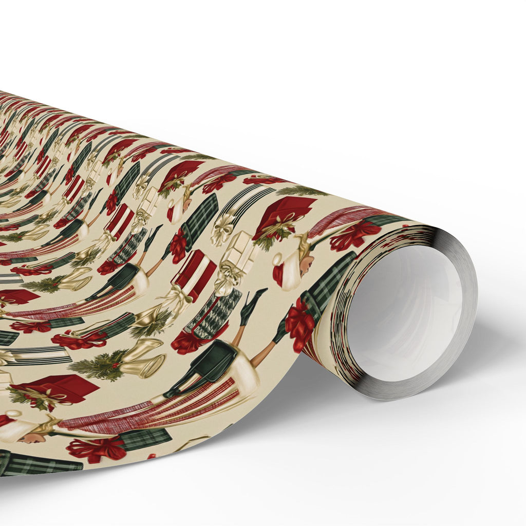 Retro Holiday Shopper Christmas Wrapping Paper, Vintage Fashion Gift Wrap Roll, Red Green Gold Bells Holiday Paper