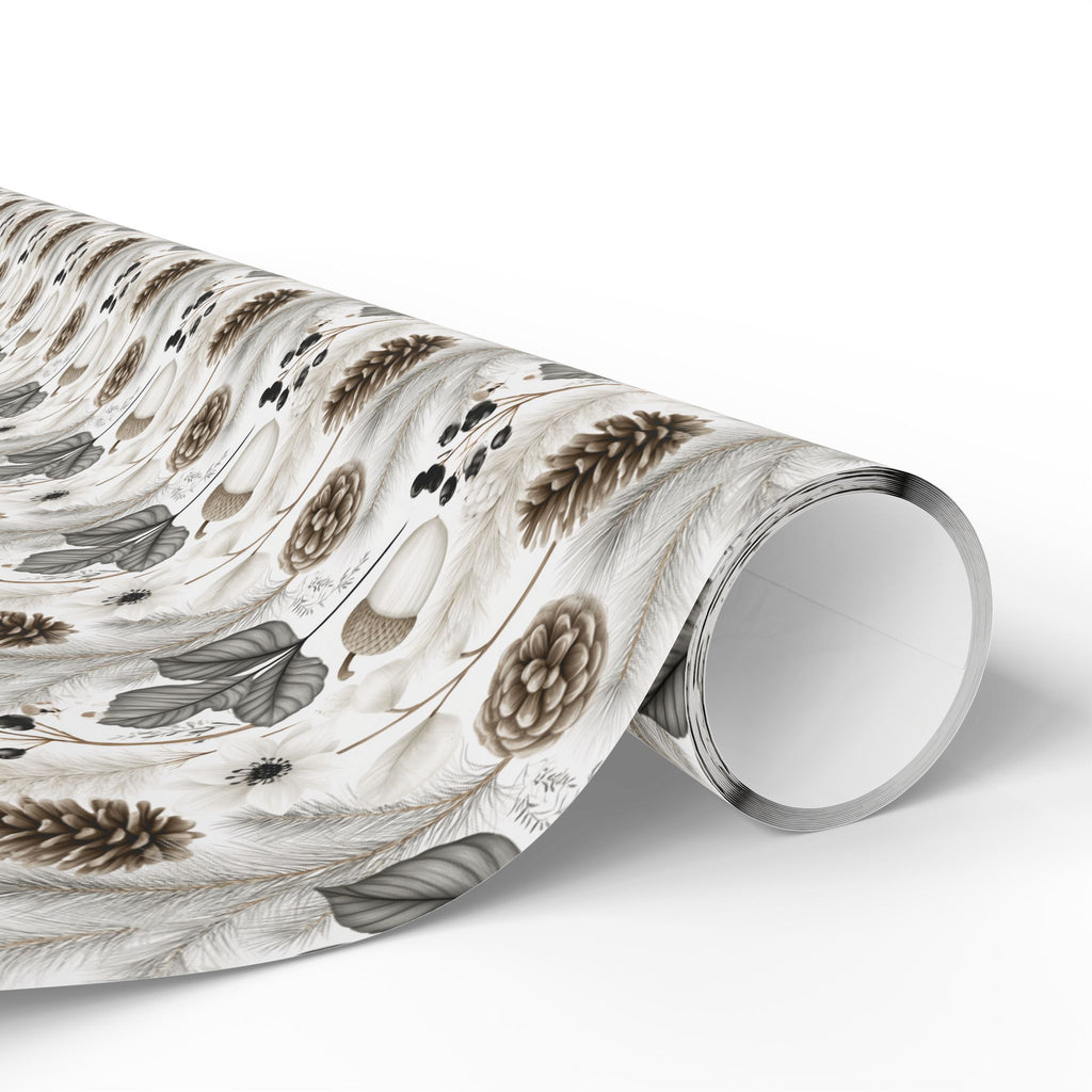 Woodland Botanical Wrapping Paper, Acorn Pinecone Gift Wrap Roll, Neutral Cream Gray Winter Forest Wrap, Matte Paper, Free Shipping