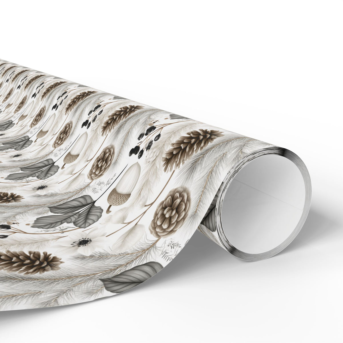 Woodland Botanical Wrapping Paper, Acorn Pinecone Gift Wrap Roll, Neutral Cream Gray Winter Forest Wrap, Matte Paper, Free Shipping