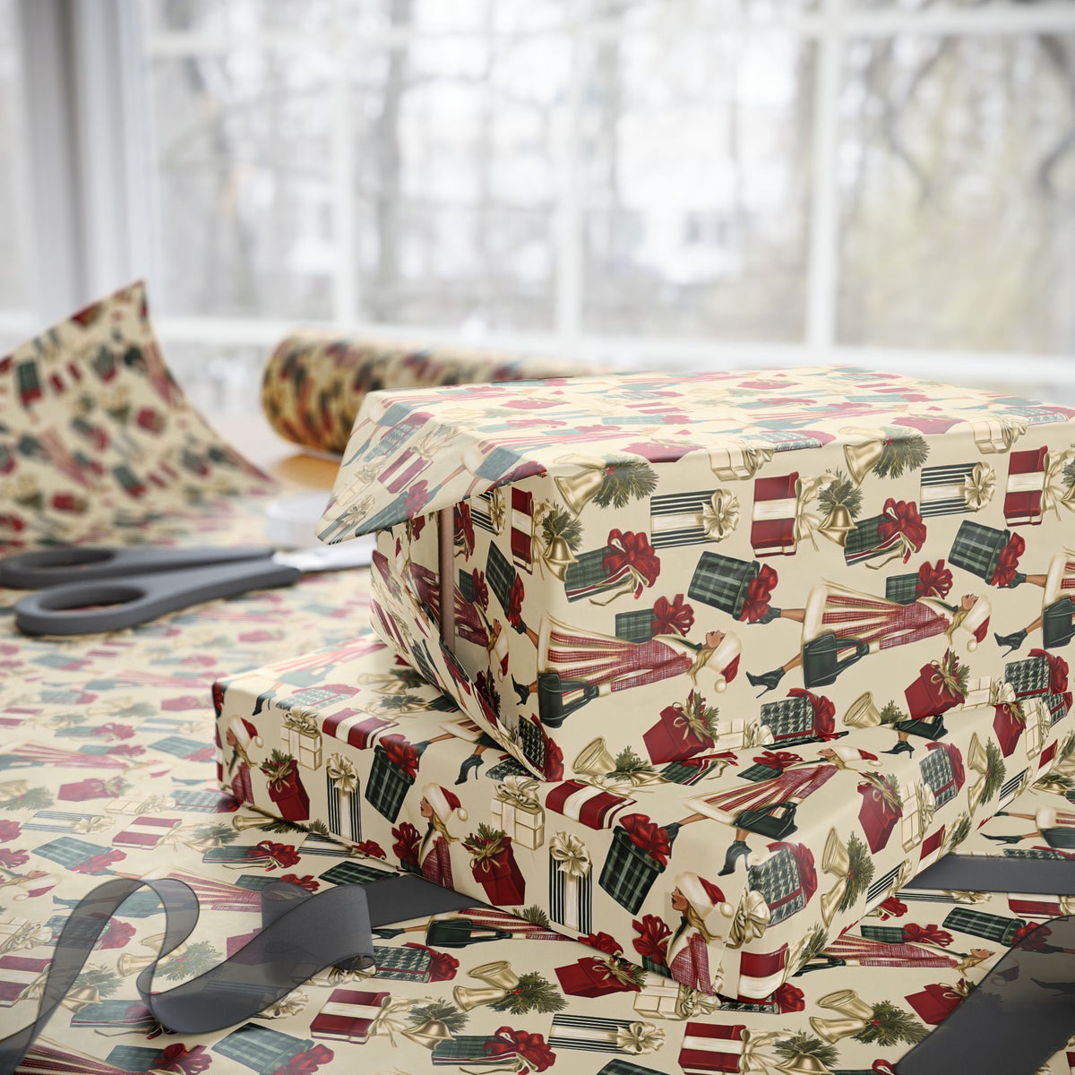 Retro Holiday Shopper Christmas Wrapping Paper, Vintage Fashion Gift Wrap Roll, Red Green Gold Bells Holiday Paper