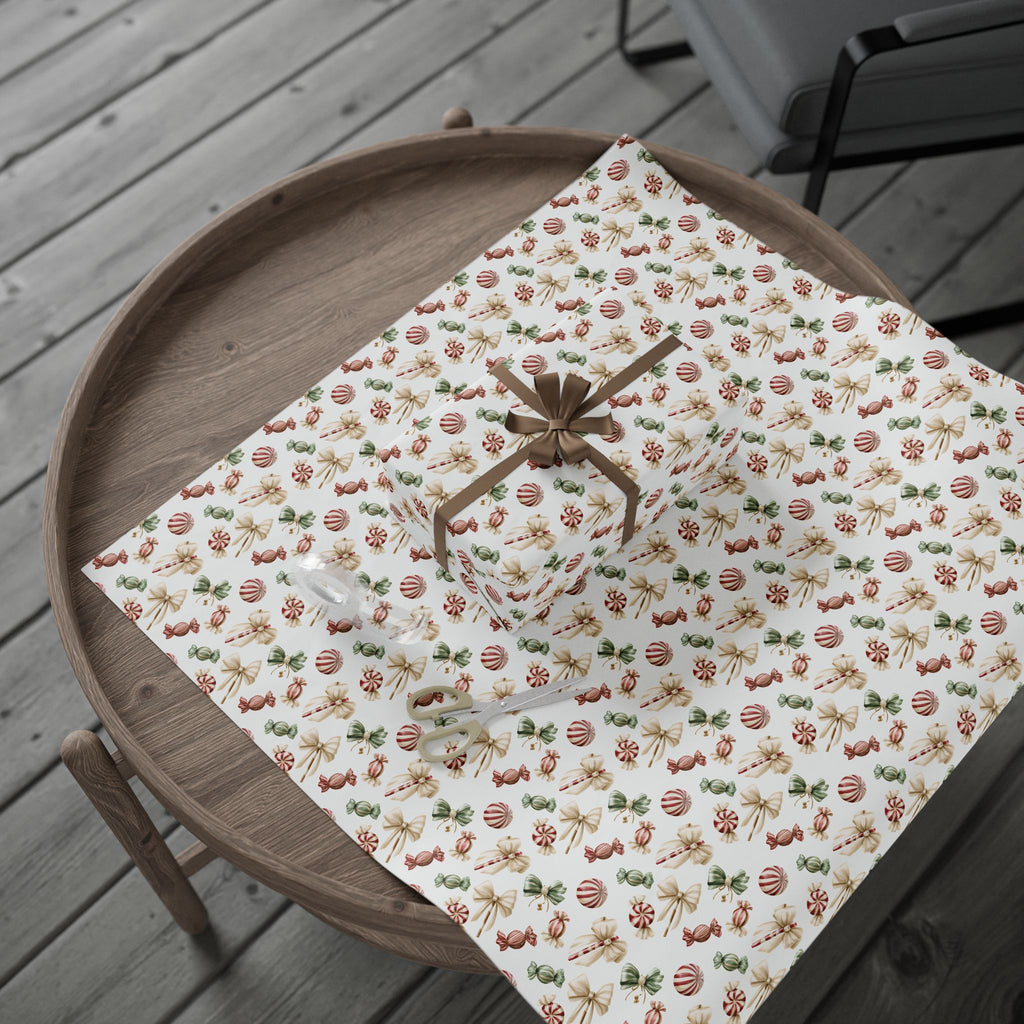Watercolor Christmas Candy Wrapping Paper, White Coquette Bow Gift Wrap Roll, Peppermint Sweets Holiday Wrap, Matte Paper, Free Shipping
