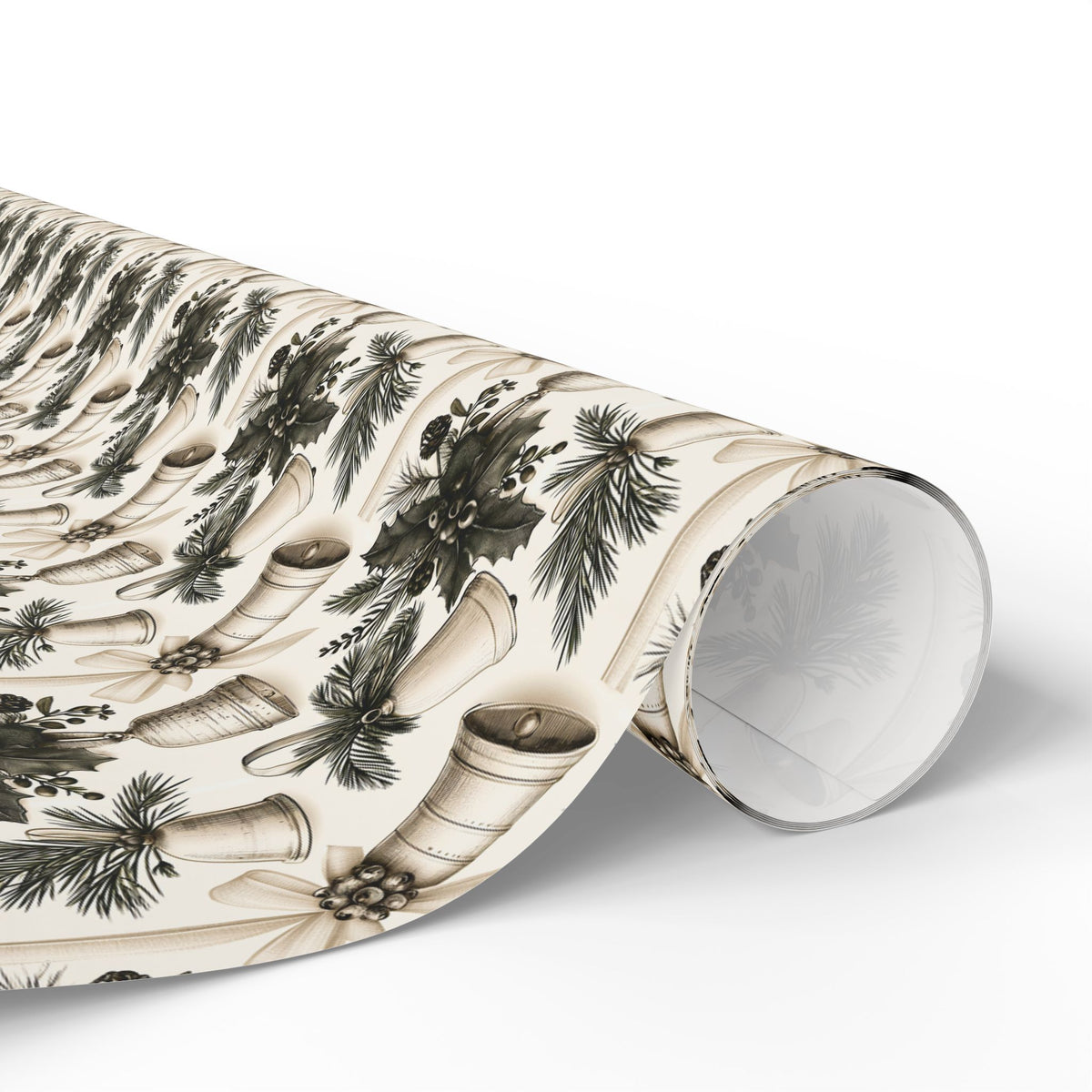 Vintage Christmas Bells Wrapping Paper, Cream Sage Green Botanical Gift Wrap Roll, Antique Holly Pine Holiday Wrap, Matte Paper, Free Shipping