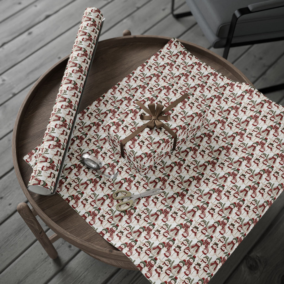 Cozy Snowman Christmas Wrapping Paper, Red Green Knit Scarf Gift Wrap Roll, Watercolor Holiday Paper, Matte