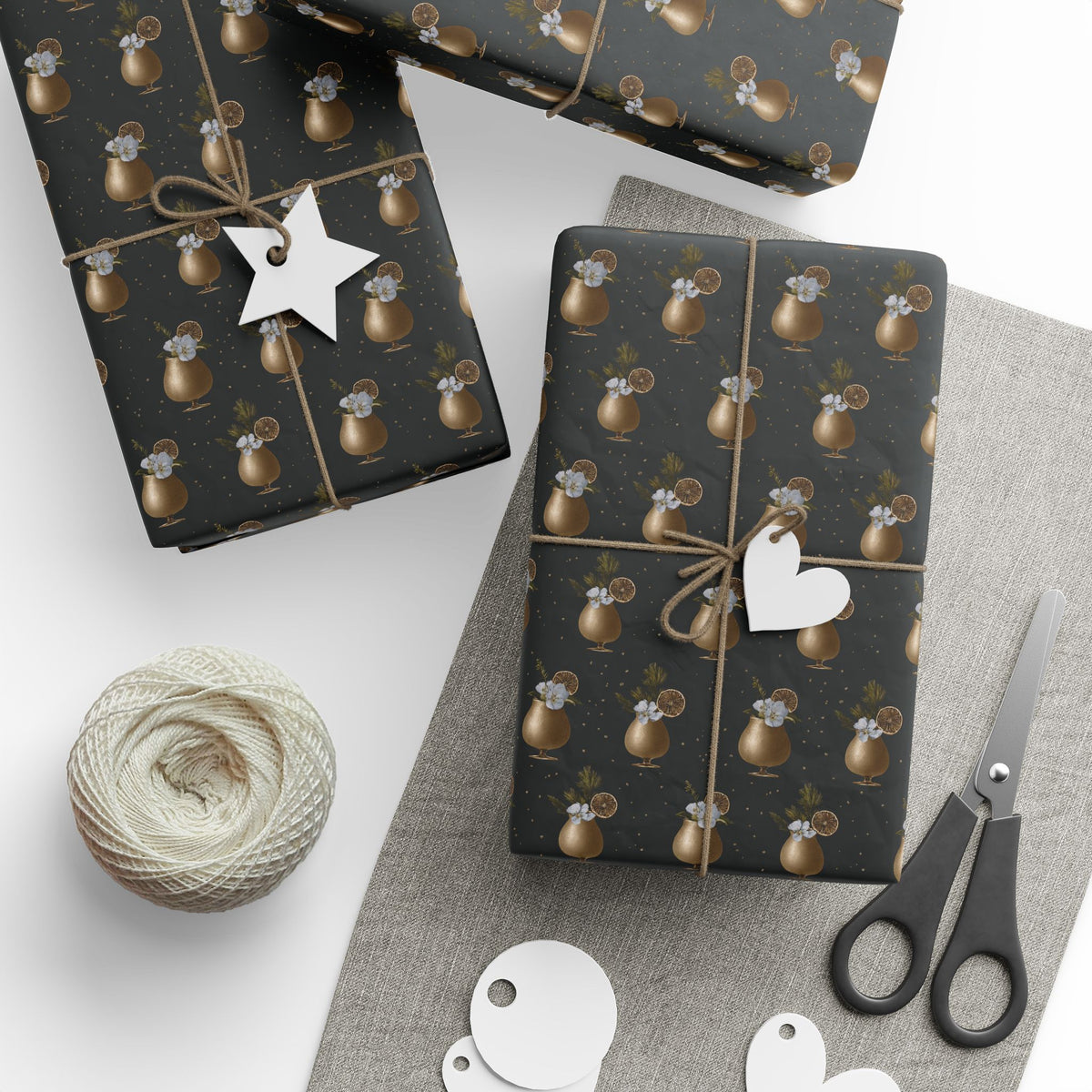 Black Gold Cocktail Wrapping Paper, Holiday Bar Cart Gift Wrap Roll, Dried Orange Rosemary Cocktail Glass Wrap, Matte Paper, Free Shipping