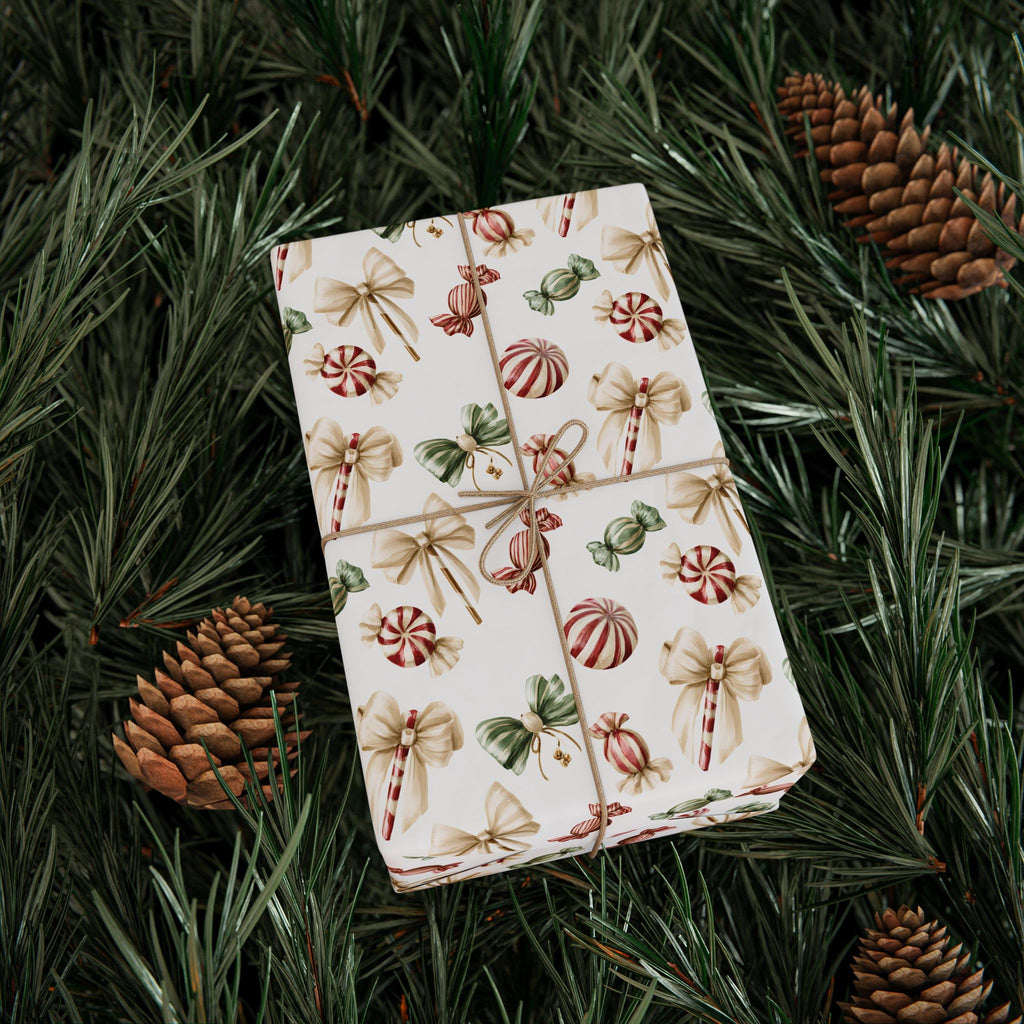 Watercolor Christmas Candy Wrapping Paper, White Coquette Bow Gift Wrap Roll, Peppermint Sweets Holiday Wrap, Matte Paper, Free Shipping