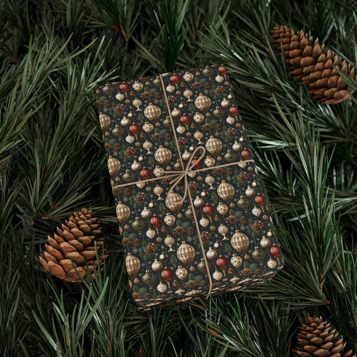 Dark Green Ornament Christmas Wrapping Paper, Gold Cream Red Vintage Bauble Gift Wrap Roll, Antique Heirloom Holiday Wrap, Matte Paper, Free Shipping