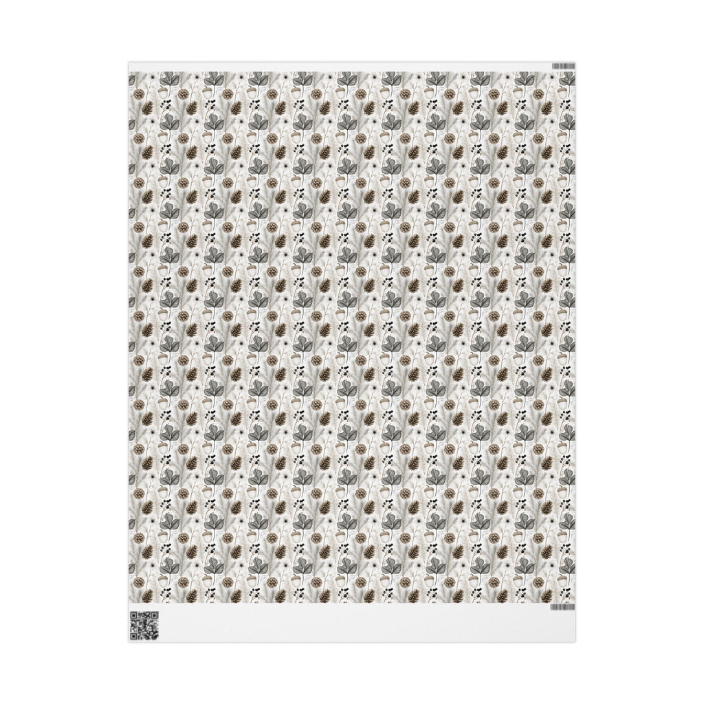 Woodland Botanical Wrapping Paper, Acorn Pinecone Gift Wrap Roll, Neutral Cream Gray Winter Forest Wrap, Matte Paper, Free Shipping