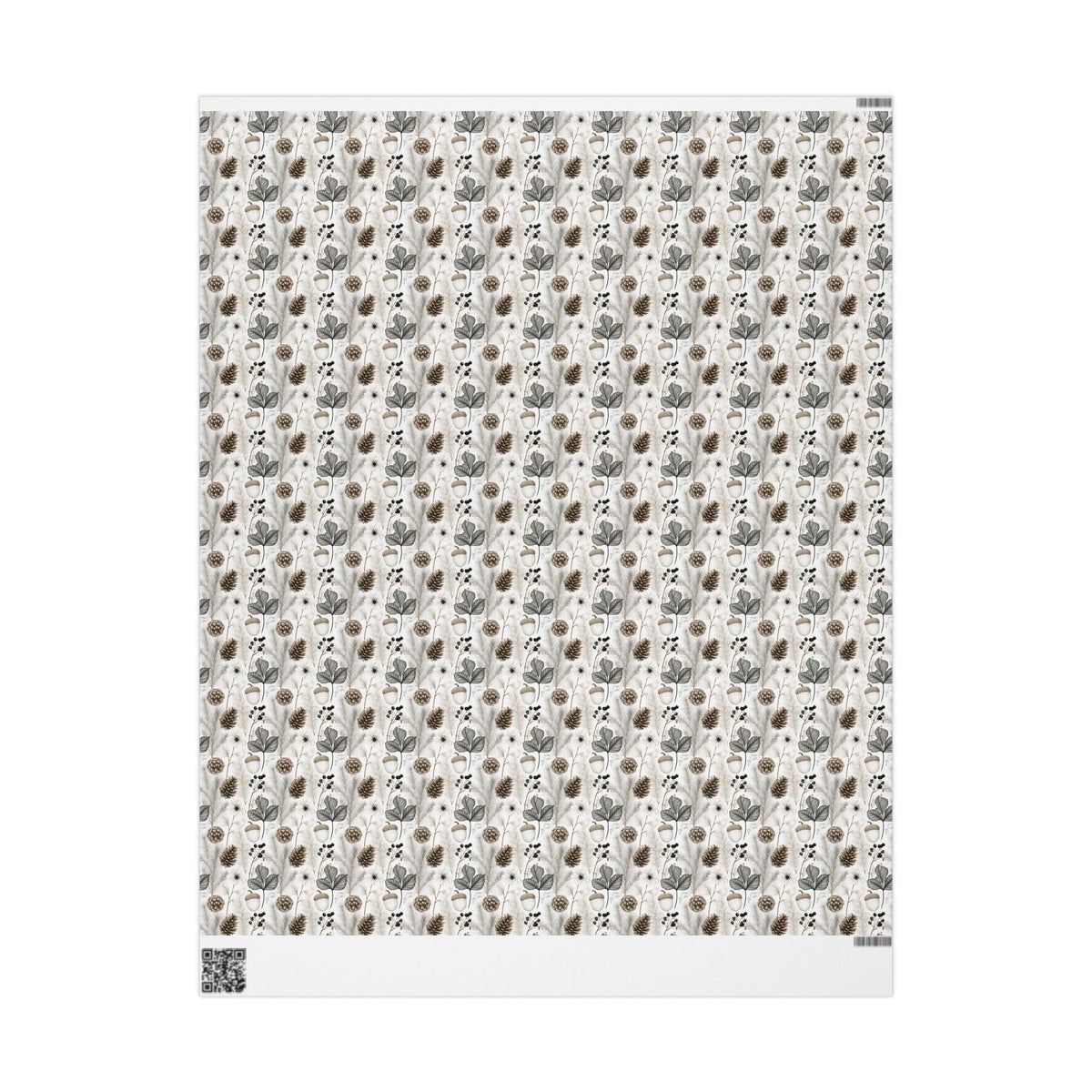 Woodland Botanical Wrapping Paper, Acorn Pinecone Gift Wrap Roll, Neutral Cream Gray Winter Forest Wrap, Matte Paper, Free Shipping