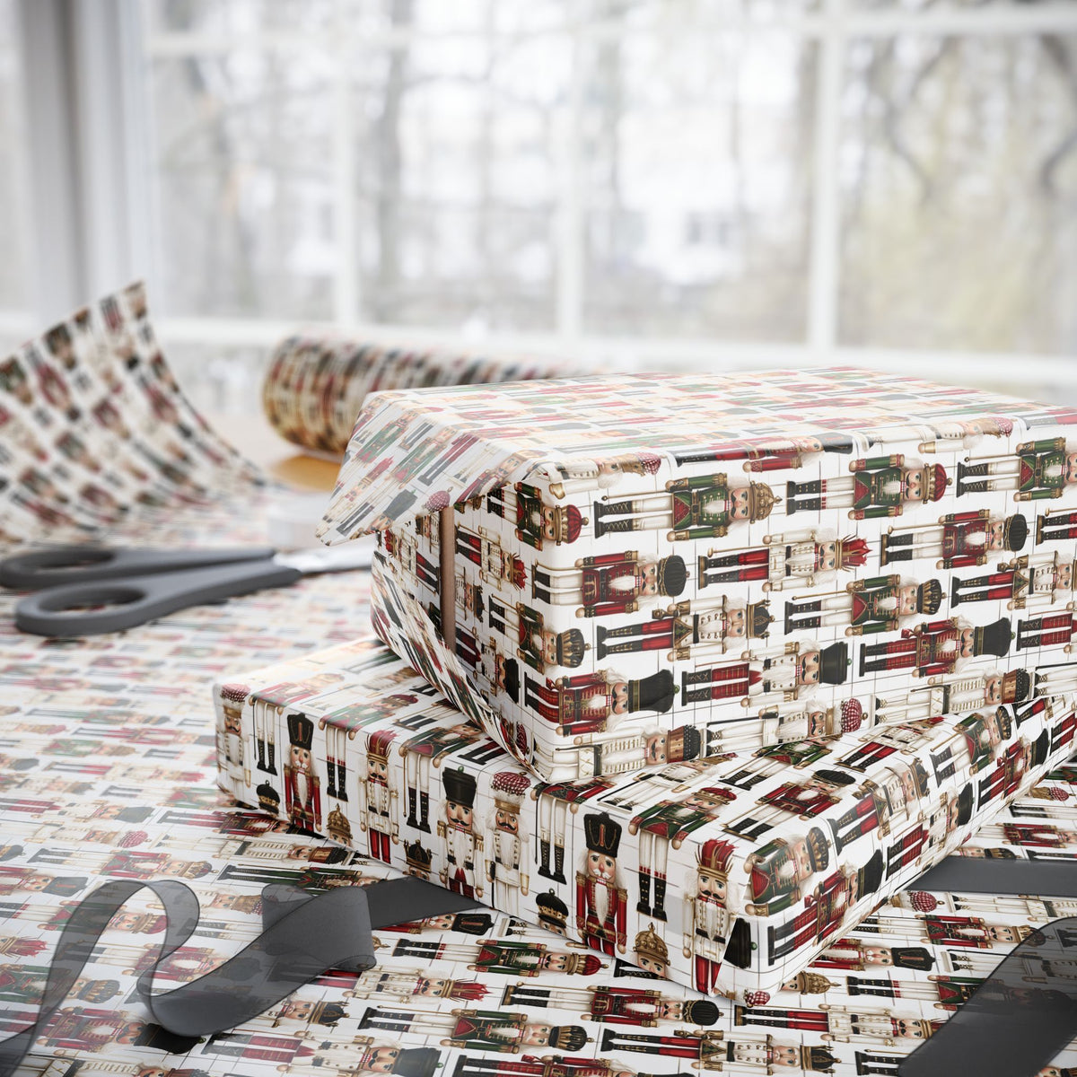 Nutcracker Christmas Wrapping Paper, Vintage Toy Soldier Gift Wrap Roll, Red Green Gold Traditional Holiday Wrap, Matte Paper, Free Shipping