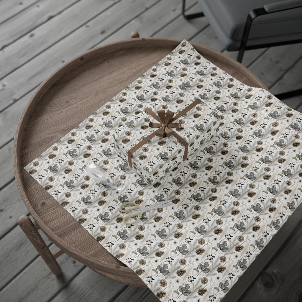 Woodland Botanical Wrapping Paper, Acorn Pinecone Gift Wrap Roll, Neutral Cream Gray Winter Forest Wrap, Matte Paper, Free Shipping