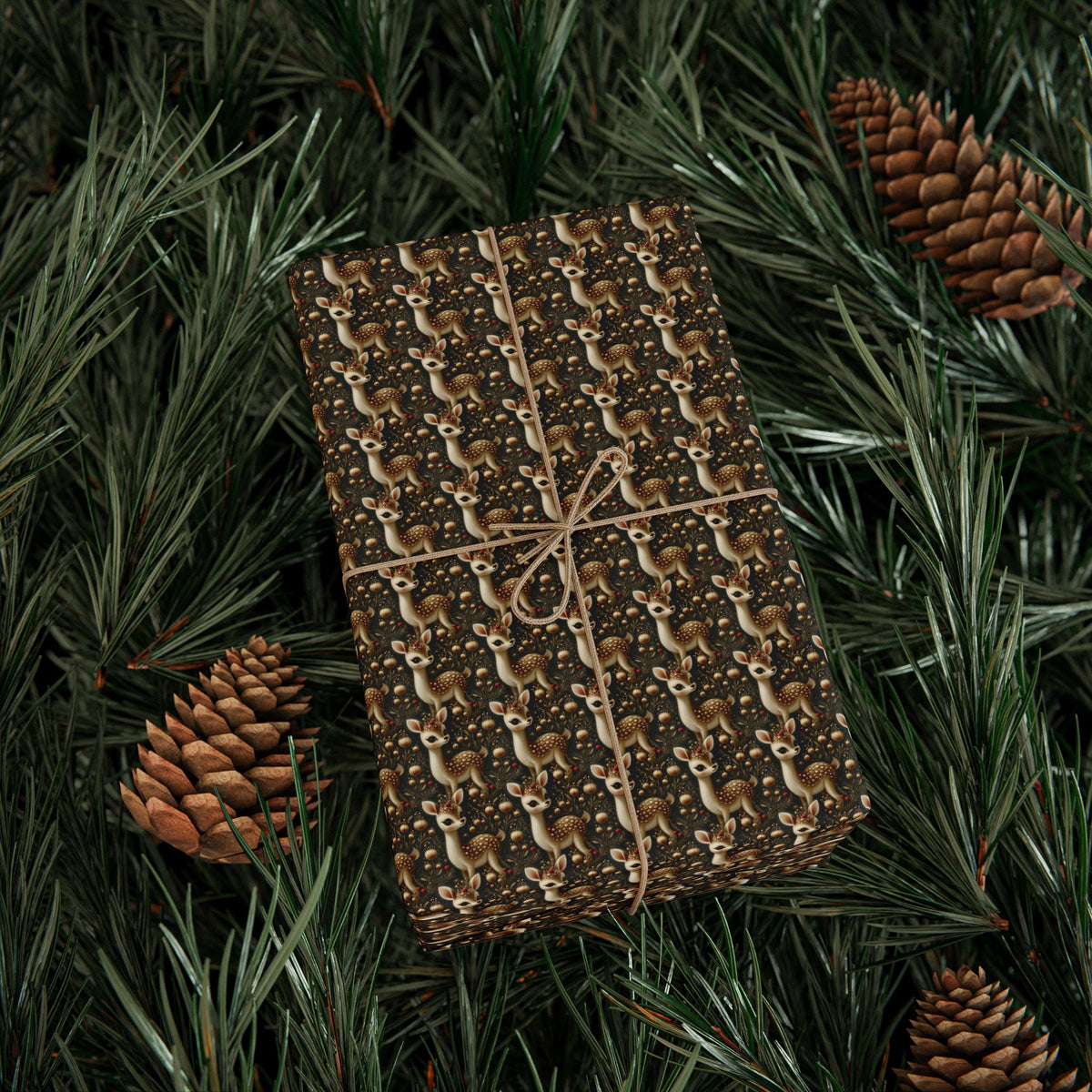 Vintage Gold Fawn Christmas Wrapping Paper, Woodland Deer Gift Wrap Roll, Dark Retro Holiday Paper, Matte Finish