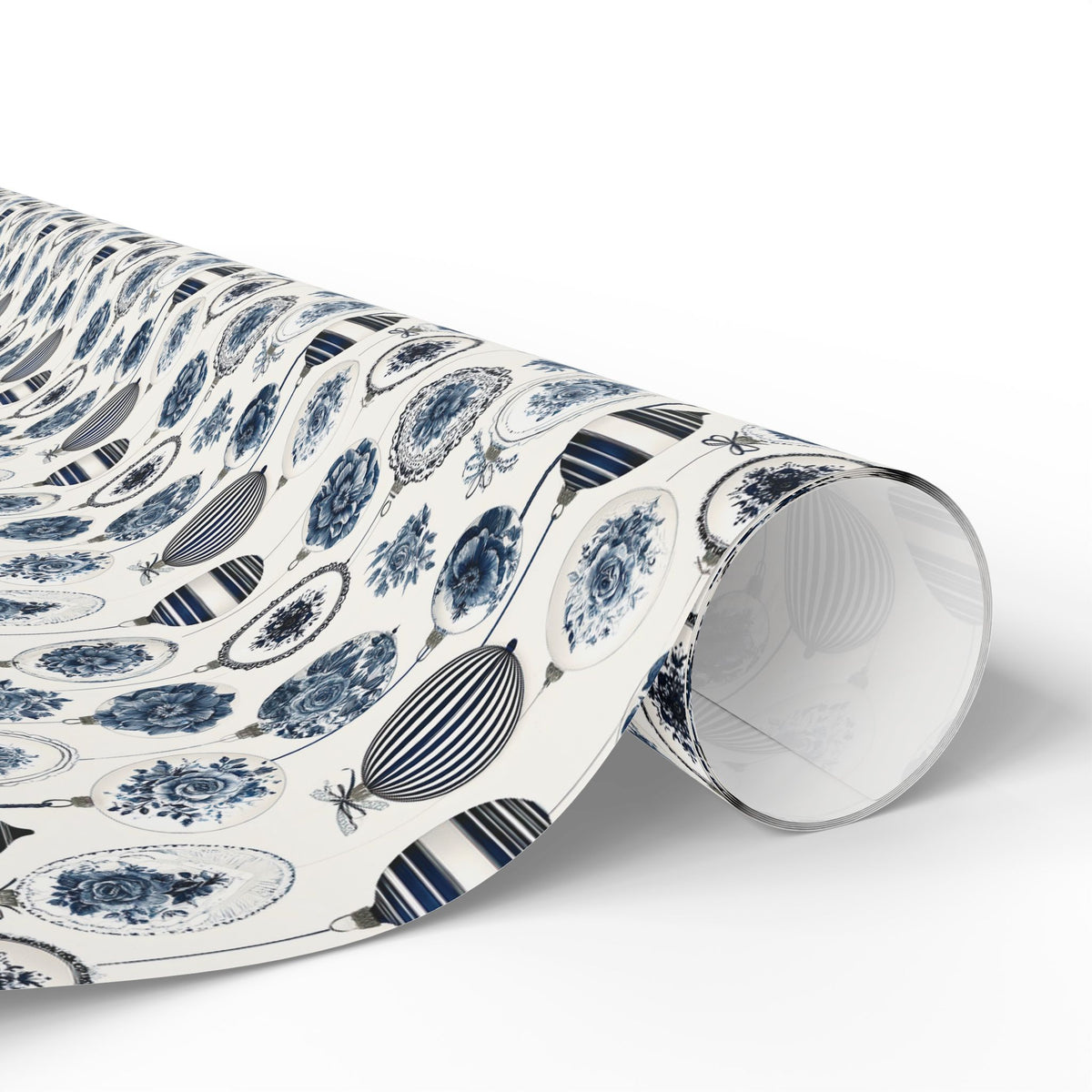 Blue White Porcelain Ornament Wrapping Paper, Chinoiserie Delft Gift Wrap Roll, Grandmillennial Vintage Christmas Wrap, Matte Paper, Free Shipping