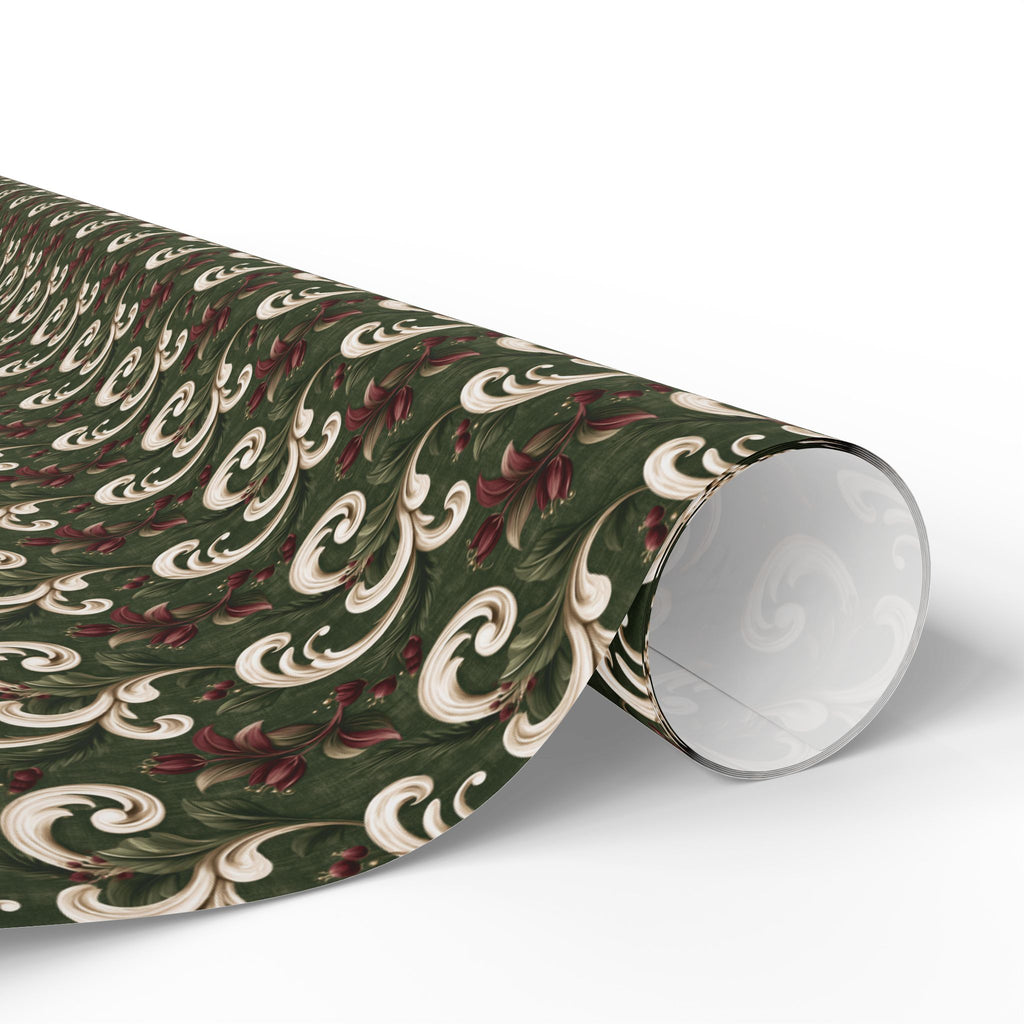 Green and Cream Damask Wrapping Paper Roll, Vintage Scroll and Berry Christmas Gift Wrap, Burgundy Floral Baroque Holiday Paper, Elegant Christmas Wrap