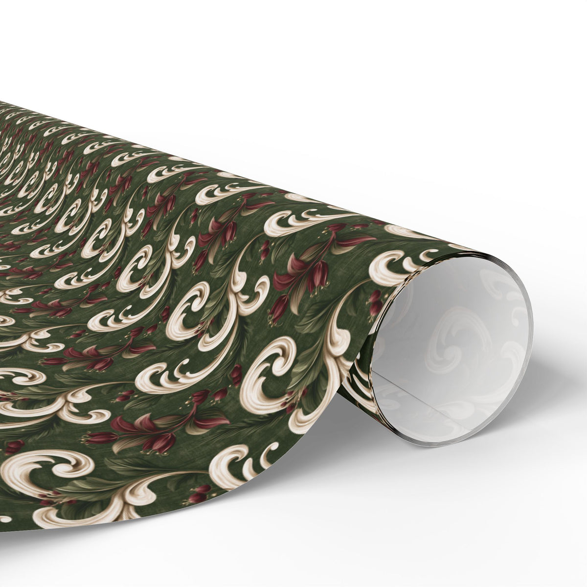 Green and Cream Damask Wrapping Paper Roll, Vintage Scroll and Berry Christmas Gift Wrap, Burgundy Floral Baroque Holiday Paper, Elegant Christmas Wrap
