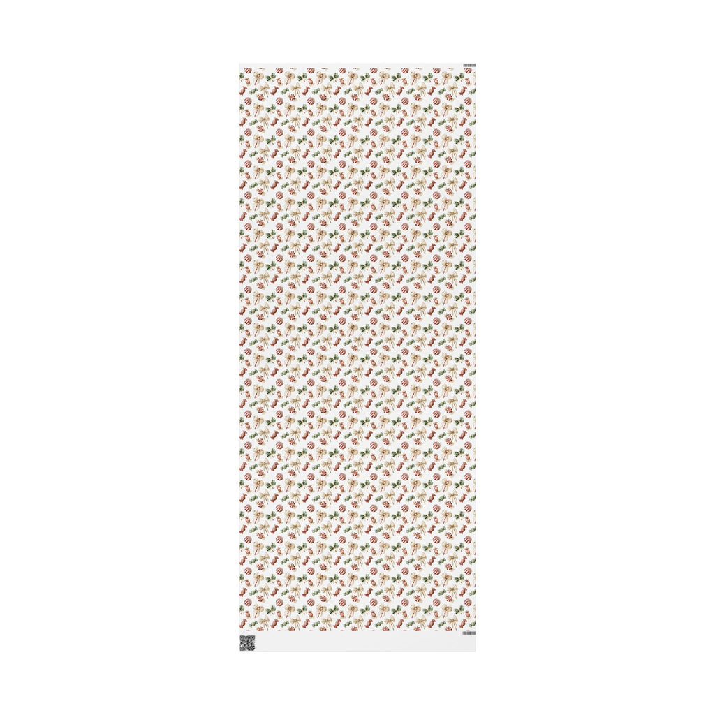 Watercolor Christmas Candy Wrapping Paper, White Coquette Bow Gift Wrap Roll, Peppermint Sweets Holiday Wrap, Matte Paper, Free Shipping