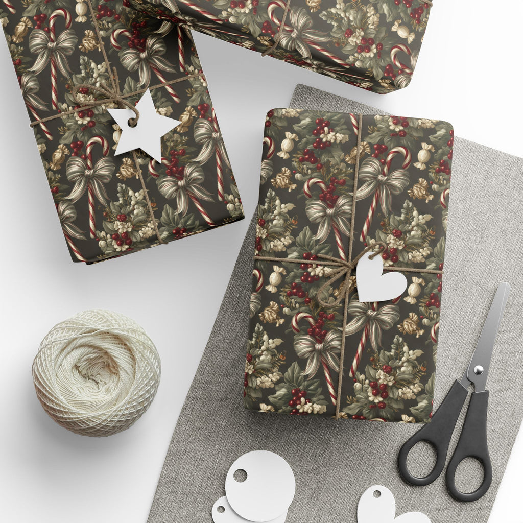 Dark Moody Christmas Wrapping Paper, Olive Green Vintage Gift Wrap Roll, Candy Cane Ribbon Bow Holiday Wrap, Matte Paper, Free Shipping