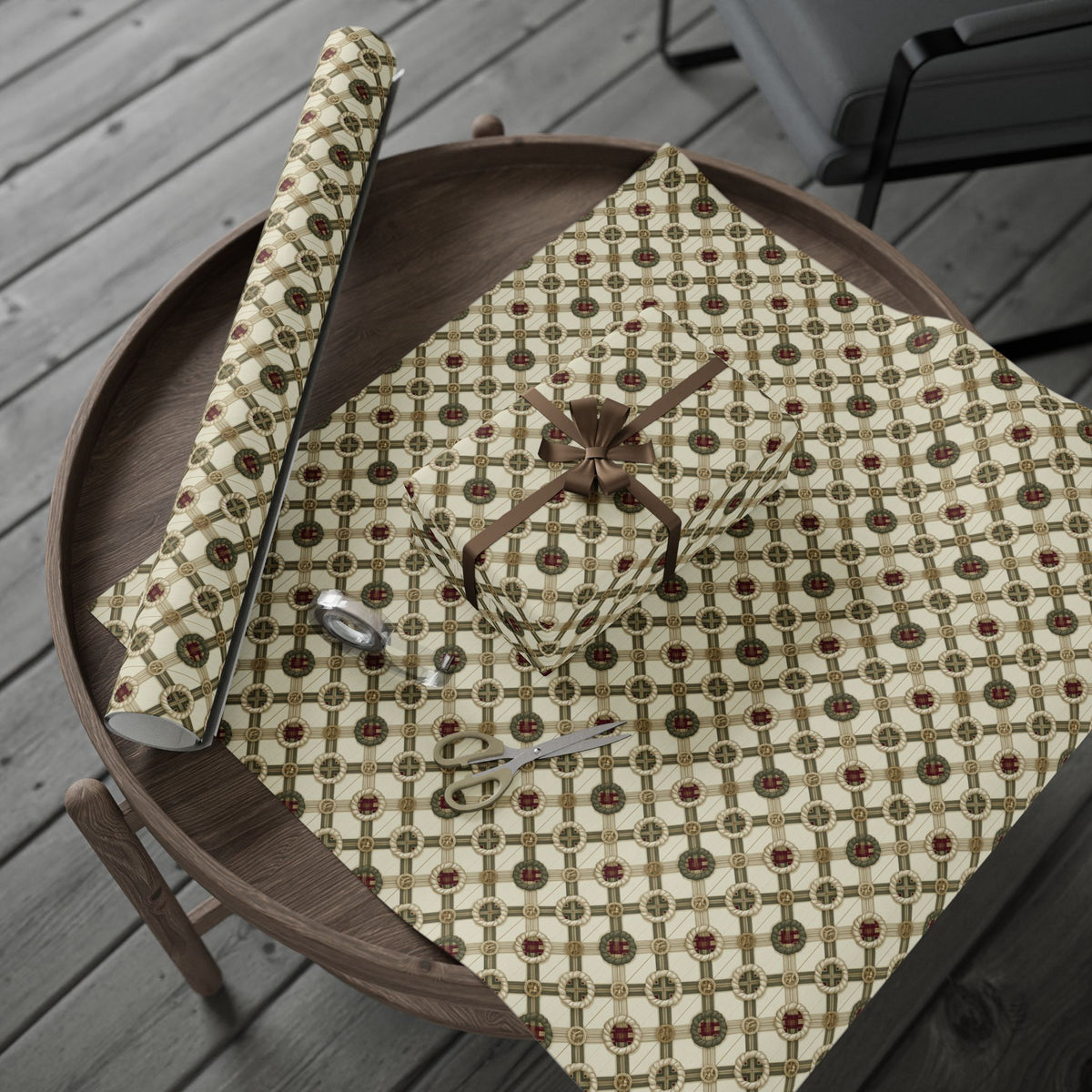 Rope Lattice Christmas Wrapping Paper, Vintage Cream Green Trellis Gift Wrap Roll, Wreath Medallion Tartan Holiday Wrap, Matte Paper, Free Shipping