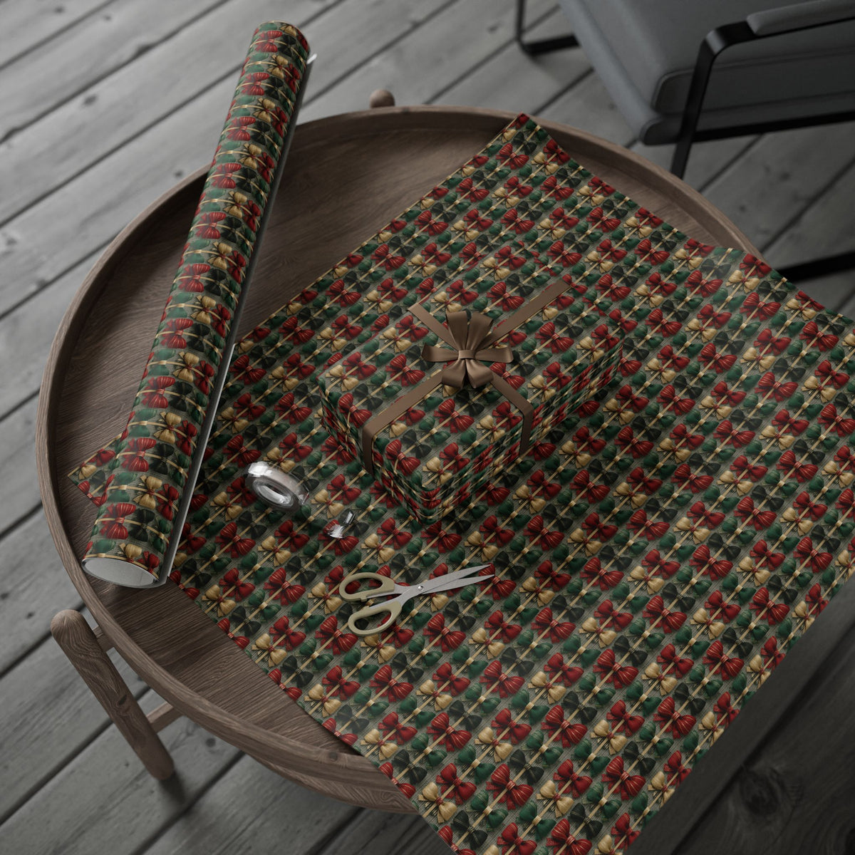 Rustic Ribbon Bow Christmas Wrapping Paper, Red Green Burlap Gift Wrap Roll, Textured Linen Holiday Paper, Matte